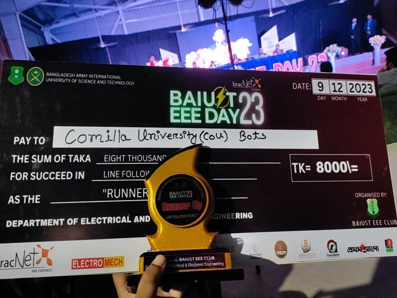Runners-up prize cheque of 8,000 BDT and the Line Follower Robot trophy, BAIUST EEE Day '23